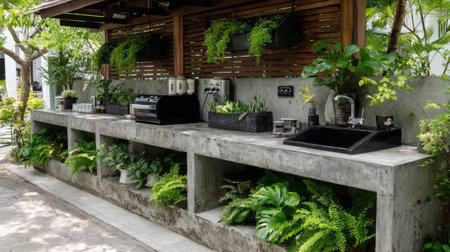 This outdoor kitchen features a sleek concrete counter adorned with lush greenery, creating a harmonious blend of nature and modern design, perfect for outdoor dining and relaxation.の素材