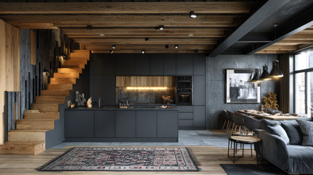 Explore the beauty of a modern kitchen featuring stylish wooden elements, sleek design, and warm ambiance, perfect for contemporary living.の素材