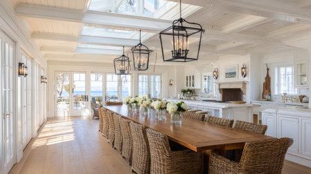 A bright and inviting coastal dining room featuring a large wooden table surrounded by wicker chairs. Elegant lanterns hang above, adding charm, while large windows provide spectacular ocean views and ample natural light.の素材