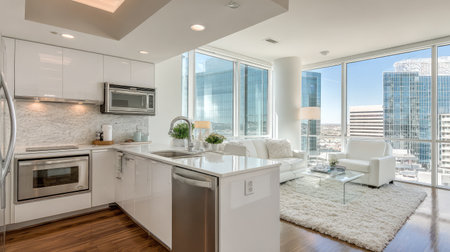 This image showcases a modern kitchen within an urban apartment, featuring sleek appliances, an open layout, and ample natural light flooding through large windows.の素材