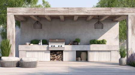 A beautifully designed outdoor kitchen featuring a sleek grill, comfortable seating, and lush greenery, perfect for summer gatherings and culinary enjoyment.の素材
