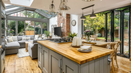 A beautifully designed modern kitchen with an open layout featuring natural light, cozy living area, elegant decor, and a serene garden view, perfect for relaxation.の素材