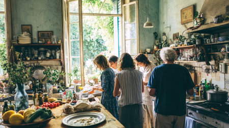 A vibrant scene of friends cooking together in a sun-drenched kitchen filled with fresh ingredients and lush greenery. The atmosphere captures the joy and creativity of culinary collaboration, emphasizing community and comfort in a home-like environment.の素材