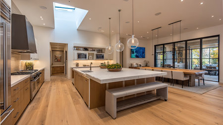 Stylish modern kitchen featuring sleek design, abundant natural light, and high-end appliances. Ideal for cooking and family gatherings in comfort.の素材