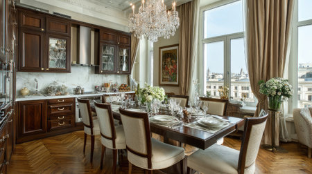 This image showcases an elegant dining room with a luxurious chandelier and large windows offering a stunning city view, featuring tasteful decor and inviting atmosphere.の素材