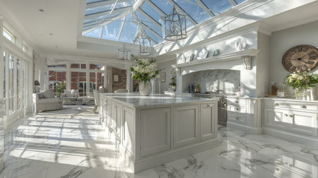A stunning modern kitchen featuring a spacious layout, elegant marble flooring, and a bright skylight that enhances the inviting atmosphere.の素材