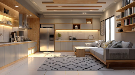 Discover a beautifully designed modern living room that features bright lighting, elegant furniture, and a cozy atmosphere perfect for relaxation and entertaining.の素材