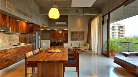 A beautiful open concept dining area featuring elegant wooden furnishings and abundant natural light, creating a warm and inviting atmosphere for gatherings.の素材