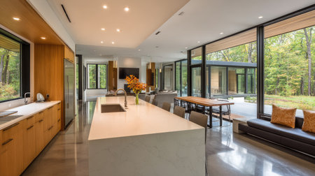 A stunning modern kitchen and dining area featuring large windows that invite natural light and offer a beautiful view of the surrounding landscape.の素材