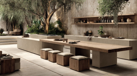 A stylish dining area showcasing a spacious wooden table, minimalist design, and natural decor elements, promoting a serene and inviting atmosphere.の素材