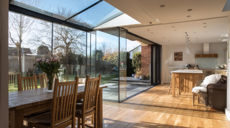 A beautifully designed modern kitchen and dining space featuring expansive glass doors that connect indoors with a sunlit garden. Ideal for family gatherings.の素材