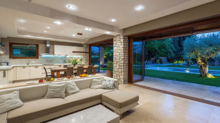 A beautifully designed modern living area featuring stylish furniture, smooth lines, and an inviting connection to a serene garden through expansive glass doors.の素材