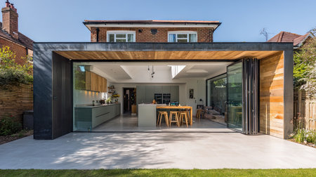 This striking image showcases a modern open-concept home featuring a seamless transition between indoor and outdoor spaces, highlighted by glass walls.の素材