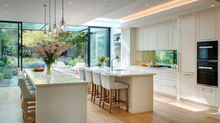 Discover a modern kitchen featuring white cabinets, large windows, and a beautiful garden view. Enjoy light-filled space perfect for cooking and dining.の素材