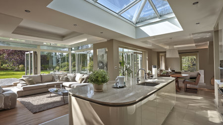 A stunning modern kitchen featuring sleek design, plenty of skylights, and an inviting open layout that seamlessly connects to a serene garden view.の素材