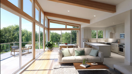 This modern living space features abundant natural light through large windows, creating a serene atmosphere. The stylish interior combines comfort and elegance.の素材