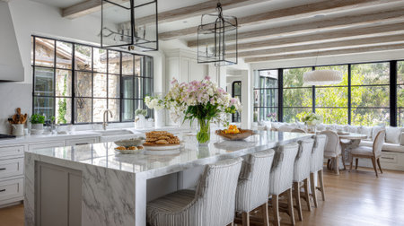 Discover an elegant modern kitchen featuring a stunning marble island and bright windows. The floral centerpiece adds charm to this serene interior design.の素材