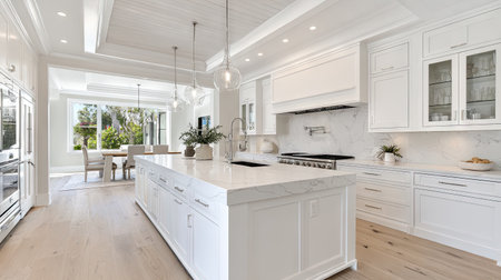 This image showcases a bright and spacious modern kitchen featuring white cabinets, a large marble island, and elegant design elements that create an inviting atmosphere.の素材