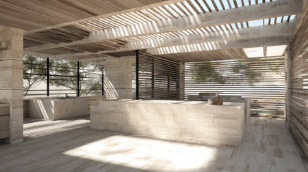 This modern minimalist interior showcases an open-concept space illuminated by natural light. The design features wooden elements, clean lines, and a serene ambiance.の素材