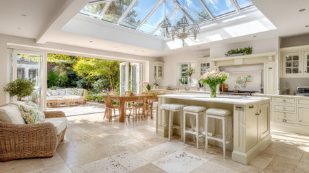 This stunning modern kitchen features a bright and spacious design, enhanced by a beautiful skylight and an open layout that brings in natural light. Perfect for family gatherings, it showcases elegant furnishings and a lovely view of the garden, creating a warm and inviting atmosphere.の素材