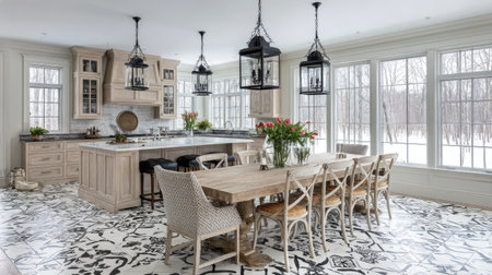 A beautifully designed kitchen featuring an elegant wooden dining table, stylish hanging lights, and large windows that provide a stunning view of a winter landscape.の素材