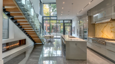This modern kitchen and dining area showcase an open layout with abundant natural light, stylish finishes, and elegant design elements, creating a warm and inviting atmosphere.の素材