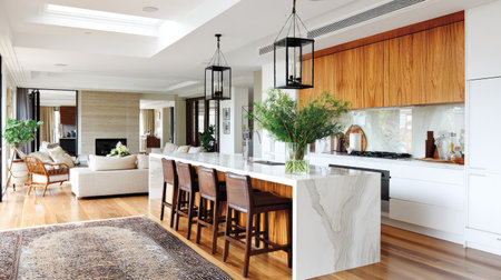 This beautiful kitchen showcases a modern design with warm wood accents and a spacious layout. The bright living area features elegant decor and lush greenery.の素材