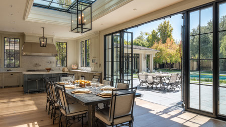 This image showcases an elegant open-concept dining area that features a spacious kitchen and picturesque outdoor views of a serene pool. The modern design is enhanced by natural light pouring through glass doors, creating a warm and inviting atmosphere ideal for dining and relaxation.の素材