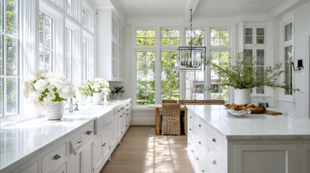 A serene modern kitchen featuring large windows that invite natural light, elegant white cabinetry, and a cozy seating area, perfect for family gatherings.の素材
