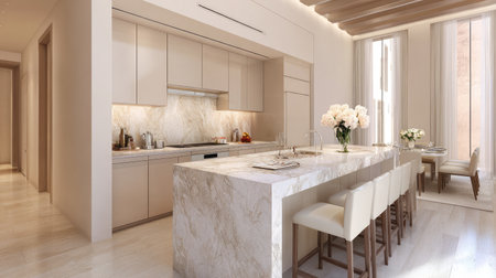 This stylish modern kitchen showcases a minimalist design featuring elegant marble countertops, bright natural lighting, and sophisticated decor elements.の素材
