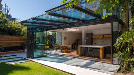 This stunning modern glass extension features an open layout that seamlessly blends indoor and outdoor spaces, perfect for contemporary living.の素材