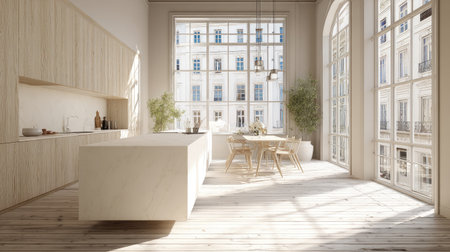 A spacious, modern kitchen featuring large windows, minimalist furniture, and warm wooden tones, creating a bright and inviting atmosphere.の素材