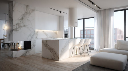 Experience a sleek modern kitchen with marble countertops and a bright living space, perfect for relaxation and contemporary living.の素材