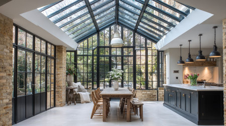 Elegant interior of a modern glass house features a spacious kitchen and dining area. Abundant natural light filters through large windows, creating a tranquil atmosphere.の素材