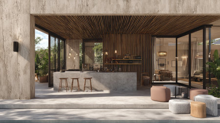 Experience a blend of modern minimalism and natural elegance in this stunning home interior featuring an open kitchen and inviting seating area.の素材