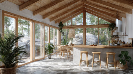 A stunning modern interior design showcasing an eco-friendly kitchen and dining area. Expansive windows invite in natural light while offering breathtaking views of nature.の素材