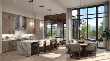 This image showcases a beautifully designed modern kitchen, emphasizing natural light and elegant furnishings, with a seamless connection to outdoor tranquility.の素材