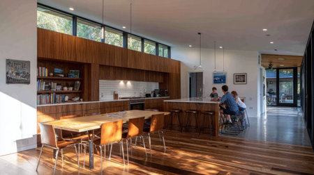 Bright and spacious modern kitchen featuring wooden accents and a dining area. The design encourages family gatherings with natural light illuminating the stylish decor.の素材