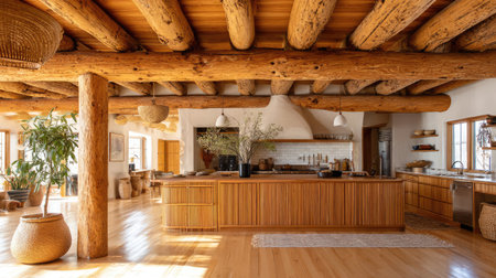 This image showcases a cozy modern kitchen featuring wooden beams and ample natural light, creating a warm and inviting atmosphere for cooking and entertaining.の素材