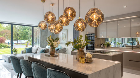 A stunning modern kitchen featuring unique pendant lights, a marble countertop, and stylish decor. This open space blends elegance and comfort, creating a welcoming atmosphere.の素材