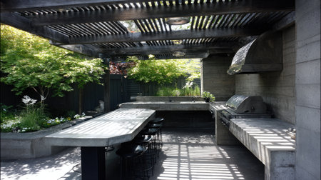 This stunning outdoor kitchen features a sleek concrete design, integrated grill, and stylish seating, surrounded by lush greenery and natural light.の素材