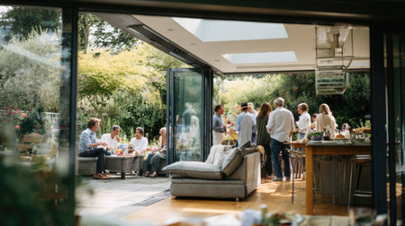 A lively gathering showcasing people enjoying a sunny day in an open space. Friends and family share laughter, food, and drinks while surrounded by lush greenery.の素材