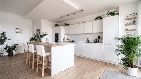A spacious and modern kitchen featuring sleek white cabinets, a wooden island, and vibrant greenery, illuminated by natural light for a welcoming atmosphere.の素材