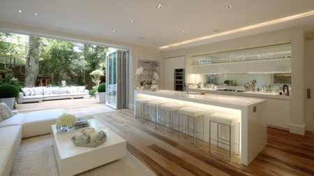 This modern kitchen features an elegant open layout with natural light flooding the space. Stylish decor, sleek countertops, and inviting seating create a comfortable atmosphere.の素材