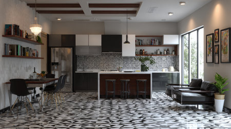 Discover a modern kitchen and dining area that features stylish furniture, unique flooring, and abundant natural light, perfect for a cozy home atmosphere.の素材