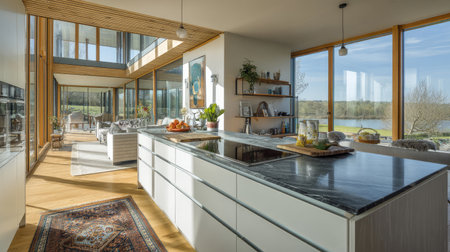 Explore a modern kitchen bathed in natural light, featuring sleek design elements and stunning views of a serene river, ideal for relaxation and gatherings.の素材