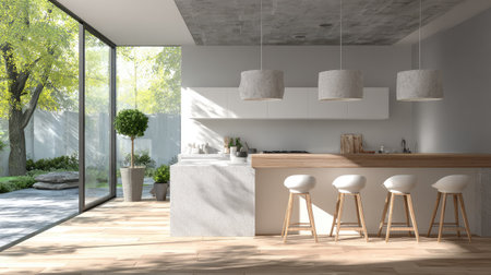 Bright modern kitchen showcasing an open layout with large windows providing views of a serene garden. The space features wooden elements and minimal decor, promoting comfort and relaxation.の素材