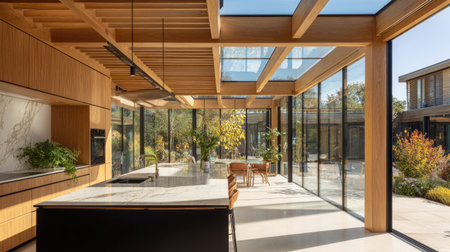 This stunning modern kitchen showcases a seamless blend of natural light and elegant design. Featuring wooden beams and marble countertops, it creates a warm and inviting atmosphere.の素材