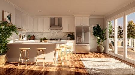 A beautifully designed modern kitchen featuring bright natural light, elegant marble finishes, and inviting wood flooring. Ideal for home cooking and relaxation.の素材