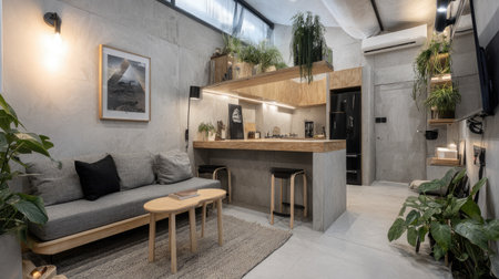 A stylish modern interior showcasing a minimalist design with cozy seating and vibrant green plants, creating a relaxing and inviting atmosphere.の素材